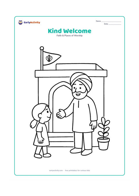 Colouring page: Show a Sikh volunteer welcoming a child with a gentle open-handed gesture at the gurudwara entrance. Include a simple doorway, steps, flag and one potted plant.