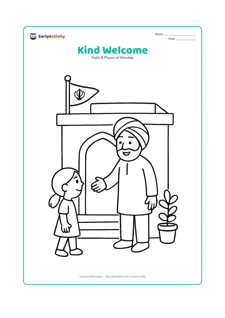 Colouring page: Show a Sikh volunteer welcoming a child with a gentle open-handed gesture at the gurudwara entrance. Include a simple doorway, steps, flag and one potted plant.