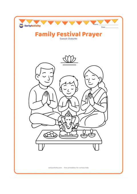 Colouring page: A family of three sits respectfully before a small Ganesha idol during a home celebration. Show a low prayer table, flowers, modaks, diyas and a simple wall decoration.
