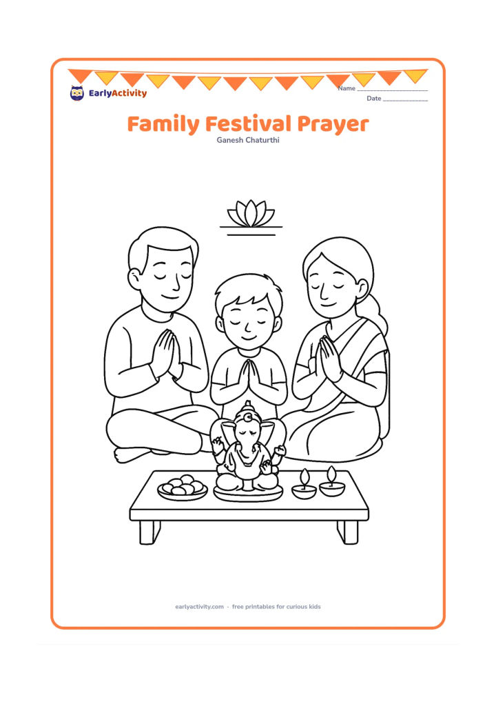 Colouring page: A family of three sits respectfully before a small Ganesha idol during a home celebration. Show a low prayer table, flowers, modaks, diyas and a simple wall decoration.