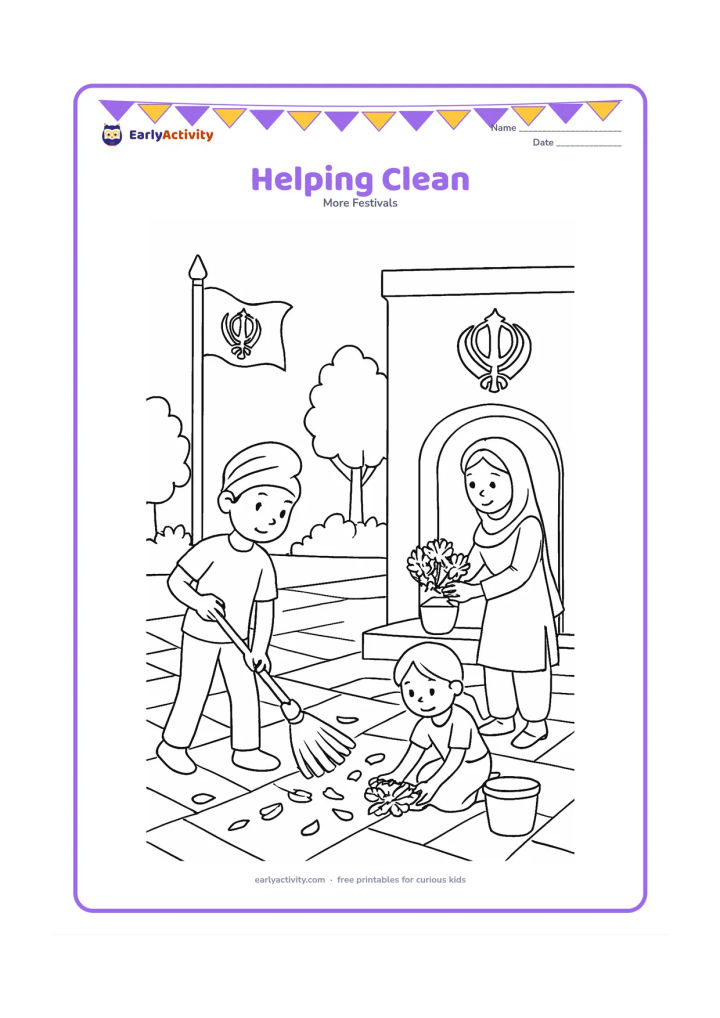 Colouring page: Draw children and an adult tidying a gurdwara courtyard, with one child sweeping, another collecting fallen leaves and an adult placing flowers near the entrance. Include paving stones,…