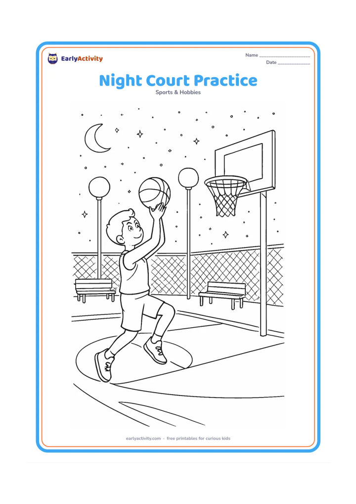 Colouring page: A player practises a jump shot under bright court lamps at night, with a starry sky, moon, hoop, net, benches, fence, and long shadows on the court. Keep the scene welcoming rather than…