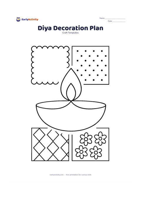 Worksheet: A large blank diya outline is surrounded by separate example areas showing a border, repeated dots, geometric shapes, and flower motifs, all connected to the same bowl.