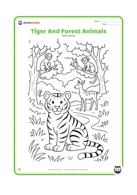 Colouring page: A relaxed tiger sits in a forest clearing while a spotted deer stands in the distance and small monkeys watch from tree branches. Add layered trees, leaves, grass, and a winding path,…