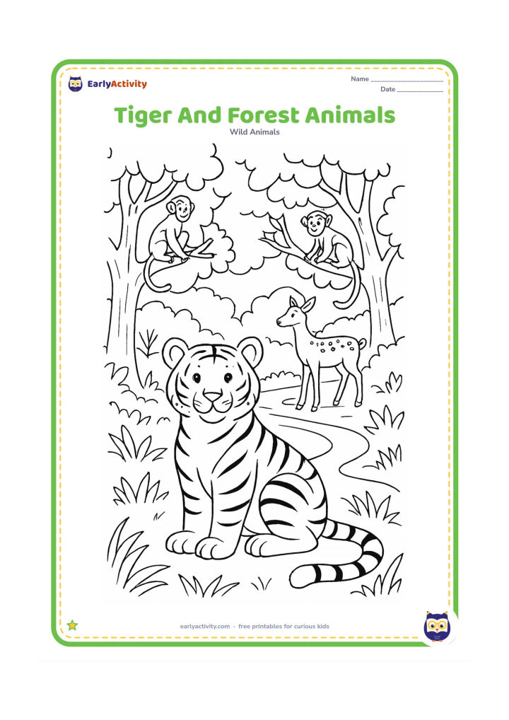 Colouring page: A relaxed tiger sits in a forest clearing while a spotted deer stands in the distance and small monkeys watch from tree branches. Add layered trees, leaves, grass, and a winding path,…