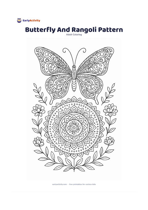 Colouring page: Place a large butterfly above a circular floral rangoli-inspired arrangement made from petals, dots, and repeating geometric shapes. Surround it with small flower bowls and leafy stems…