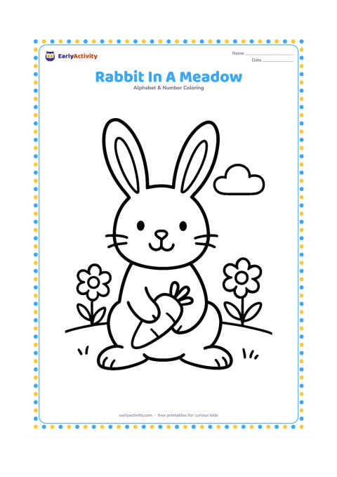 Colouring page: Draw a large friendly rabbit sitting upright in a meadow, with long ears, a round carrot, two simple flowers and a low cloud. Keep the rabbit central with generous open space around it.
