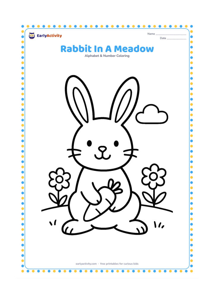 Colouring page: Draw a large friendly rabbit sitting upright in a meadow, with long ears, a round carrot, two simple flowers and a low cloud. Keep the rabbit central with generous open space around it.