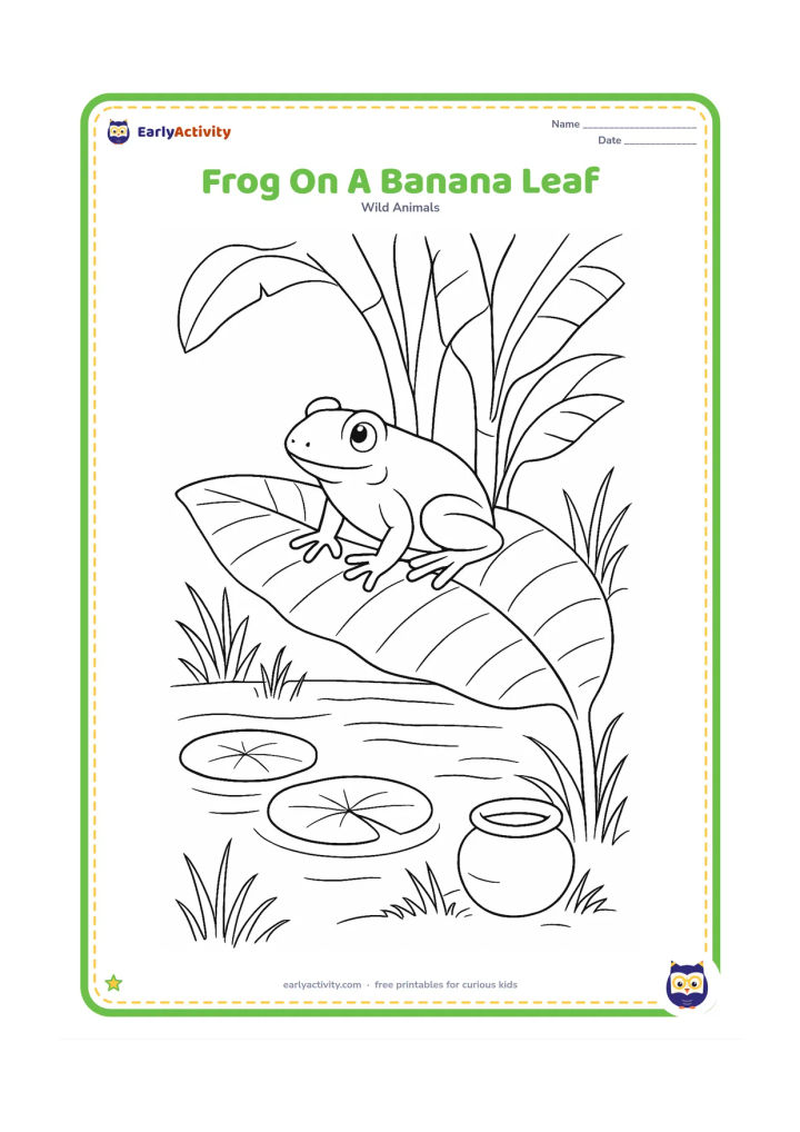 Colouring page: Draw a frog perched on a large banana leaf beside an Indian garden pond, with the leaf's central vein, nearby banana stems, lotus leaves and a small earthen pot at the water's edge. Add…