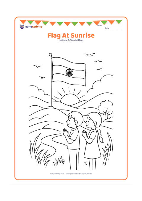 Colouring page: Draw an Indian flag flying from a hilltop pole at sunrise, with two children standing in respectful poses in the foreground. Include layered hills, a winding path, grasses, trees and…