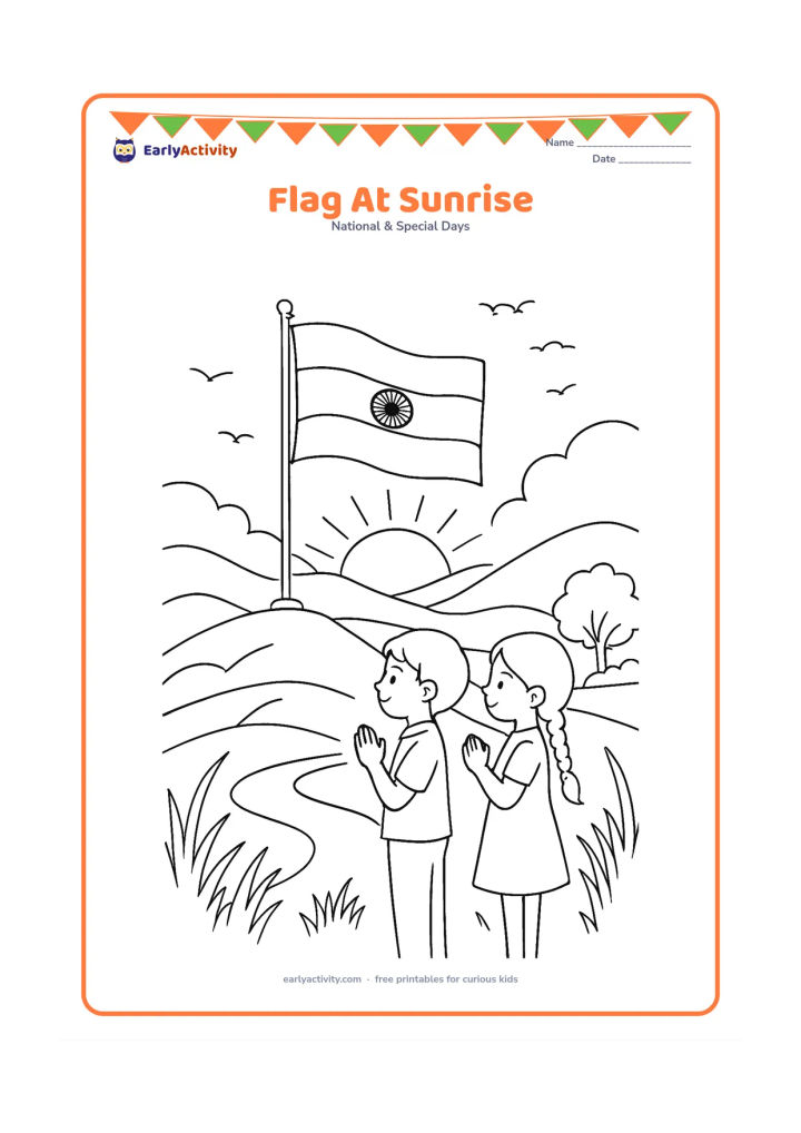 Colouring page: Draw an Indian flag flying from a hilltop pole at sunrise, with two children standing in respectful poses in the foreground. Include layered hills, a winding path, grasses, trees and…
