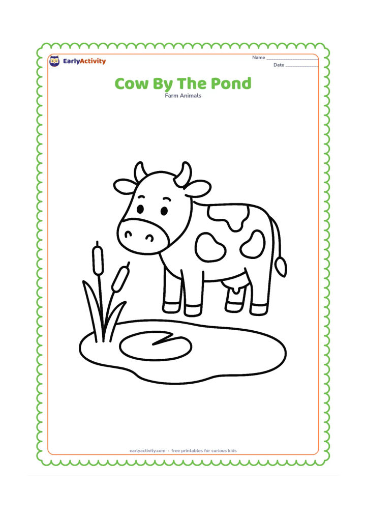 Colouring page: A cow stands beside a small pond with two reeds and a large lily pad. The cow looks down toward the water while its reflection is suggested with a simple curved shape.
