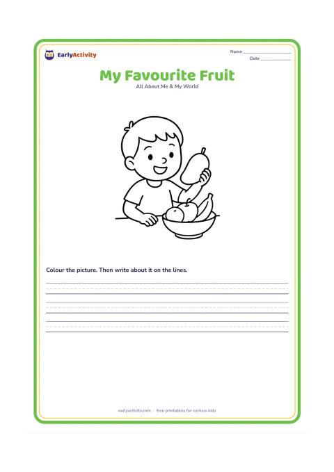 Worksheet: A child happily holds a large mango in one hand and looks at a small group of familiar fruits in a bowl, including a banana, apple and orange. Use a simple table setting.