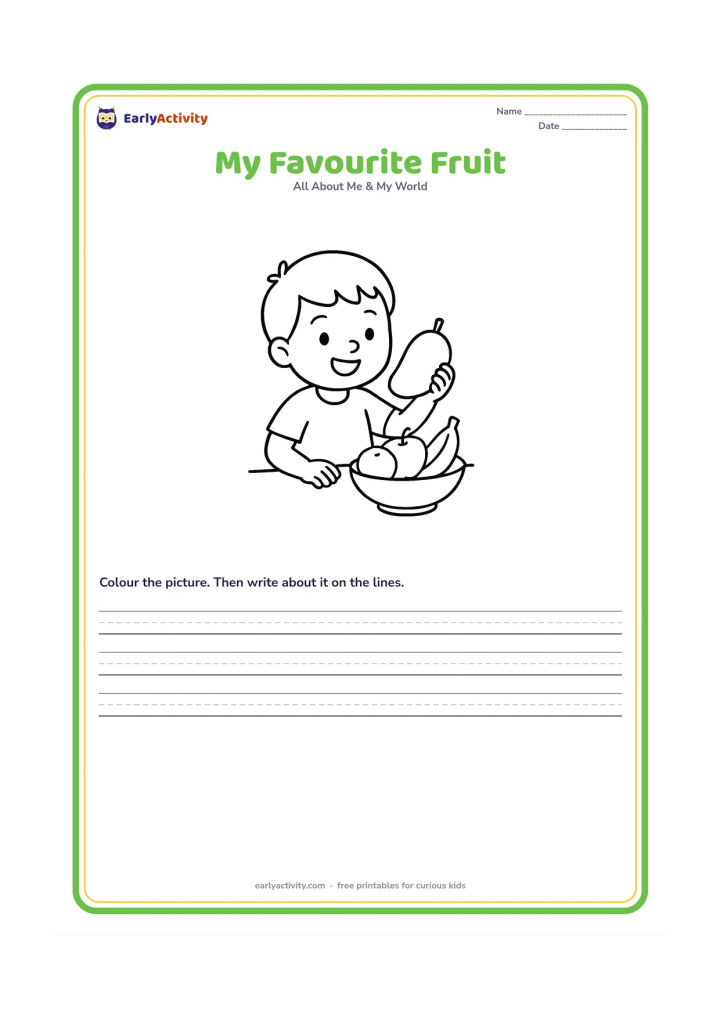 Worksheet: A child happily holds a large mango in one hand and looks at a small group of familiar fruits in a bowl, including a banana, apple and orange. Use a simple table setting.