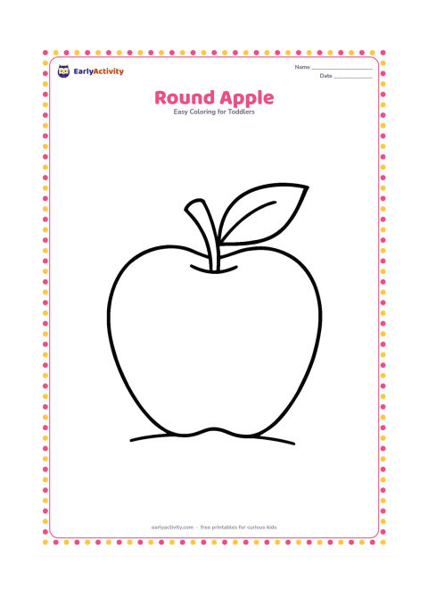 Colouring page: Draw one large apple with a simple leaf and short stem, centered on the page. Add only a small curved ground line beneath it.