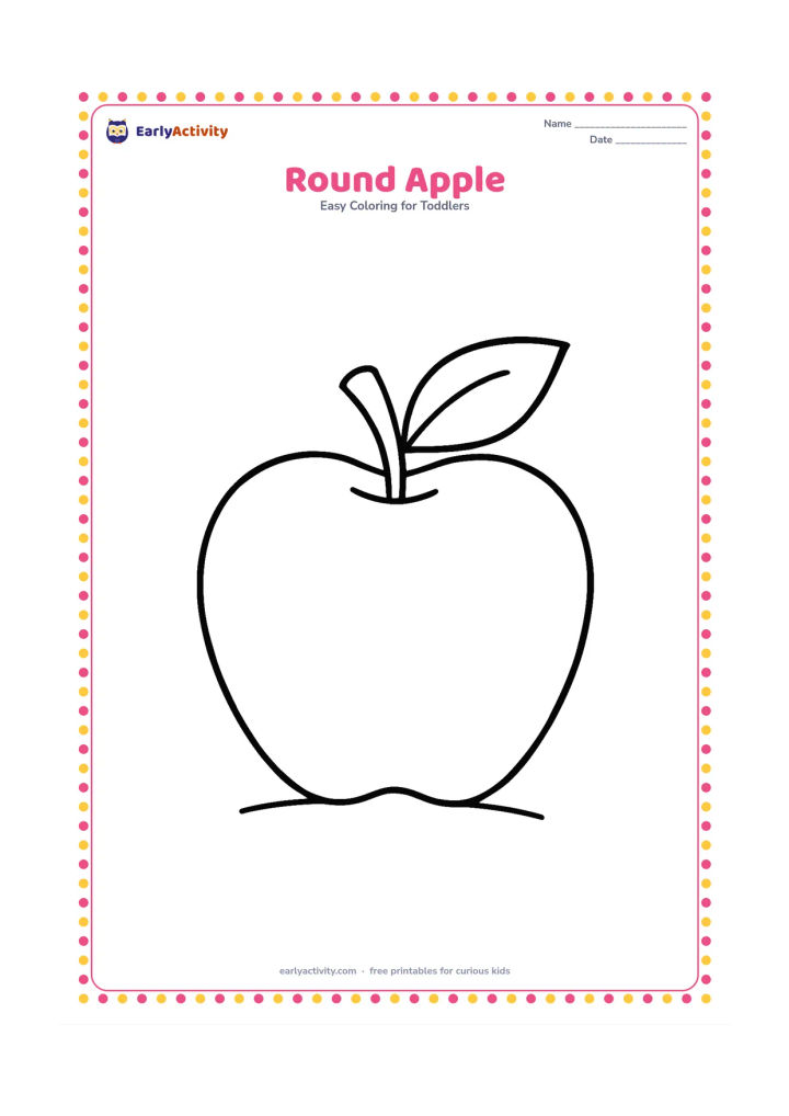 Colouring page: Draw one large apple with a simple leaf and short stem, centered on the page. Add only a small curved ground line beneath it.