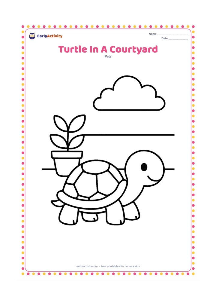 Colouring page: A pet turtle walks across an open home courtyard with a simple pot plant and a low wall in the background. Leave the centre clear around the turtle.