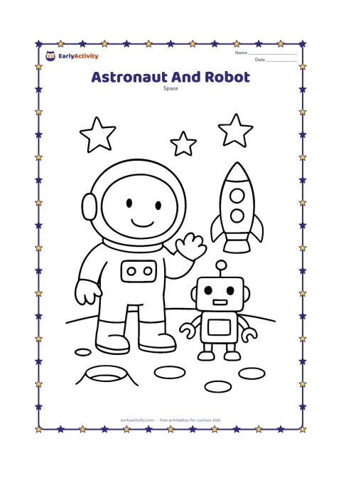 Colouring page: Draw a friendly astronaut standing beside a small box-shaped helper robot on a simple Moon surface. Include a few craters, a distant rocket and large stars.