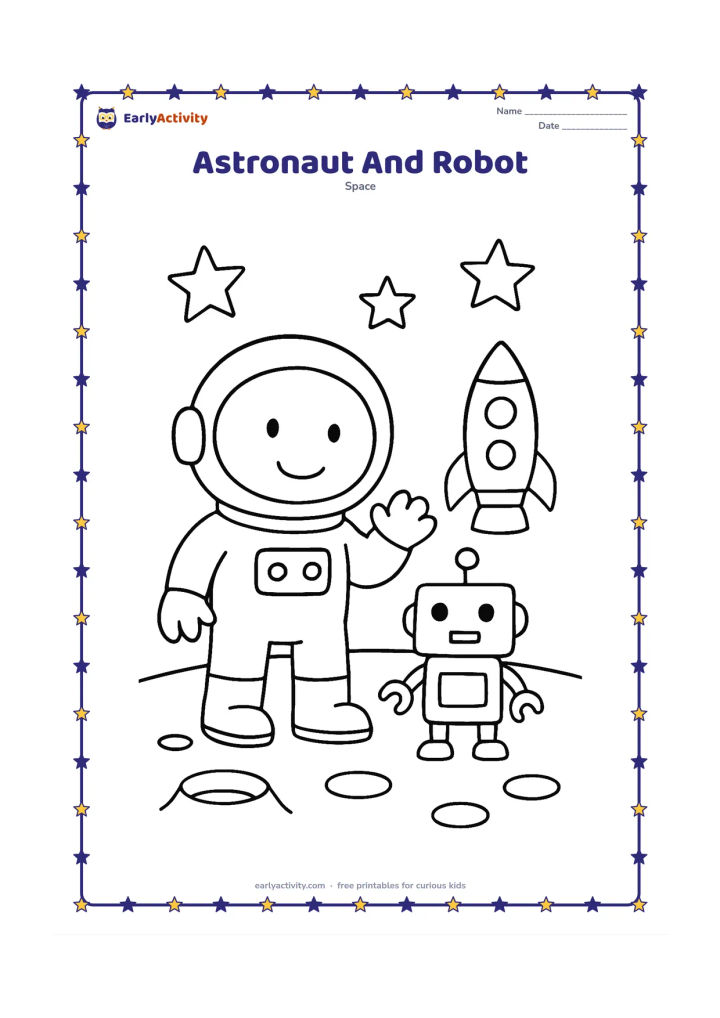 Colouring page: Draw a friendly astronaut standing beside a small box-shaped helper robot on a simple Moon surface. Include a few craters, a distant rocket and large stars.