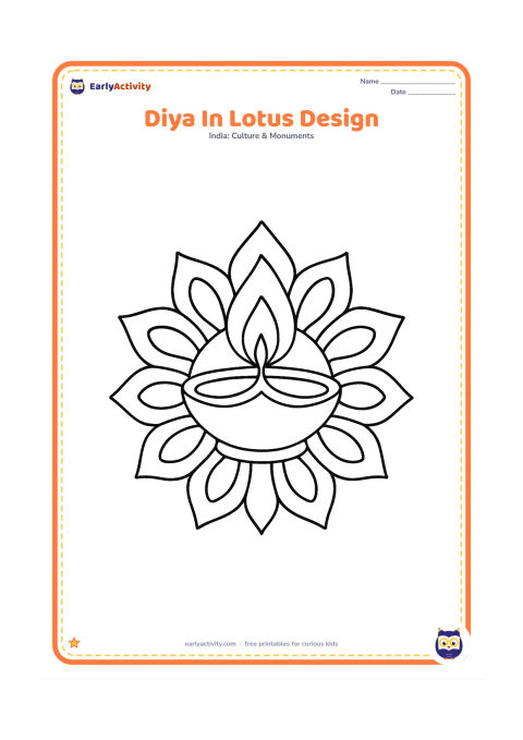 Colouring page: A central diya with a flame is surrounded by a large lotus-shaped arrangement of petals, with curved decorative lines inside the petals.