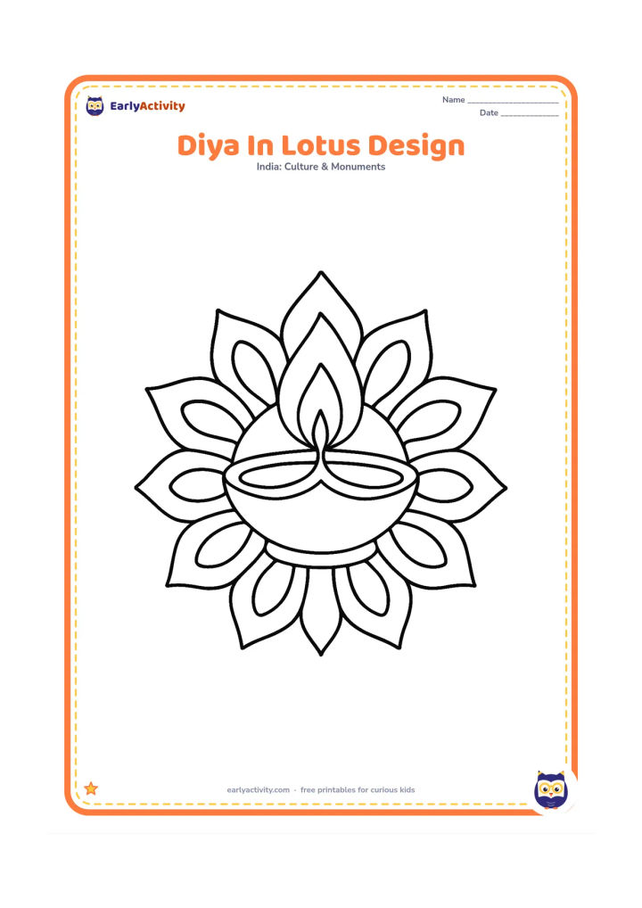 Colouring page: A central diya with a flame is surrounded by a large lotus-shaped arrangement of petals, with curved decorative lines inside the petals.
