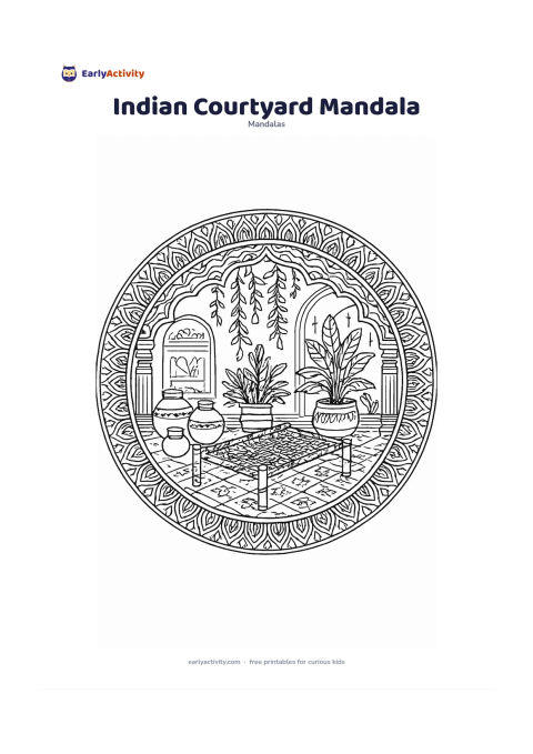Colouring page: Create a circular mandala showing a peaceful Indian courtyard with a low charpai, clay pots and leafy plants in the centre. Build outward with repeated terracotta pot shapes, tiled floor…