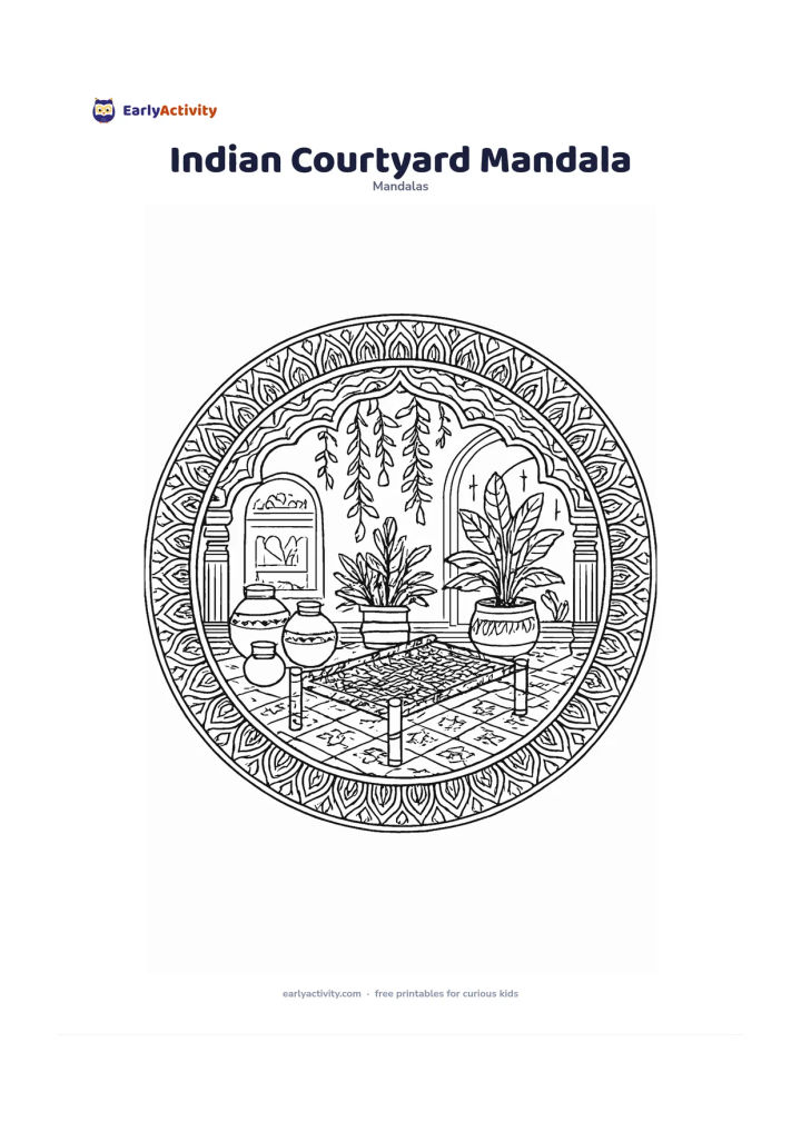 Colouring page: Create a circular mandala showing a peaceful Indian courtyard with a low charpai, clay pots and leafy plants in the centre. Build outward with repeated terracotta pot shapes, tiled floor…