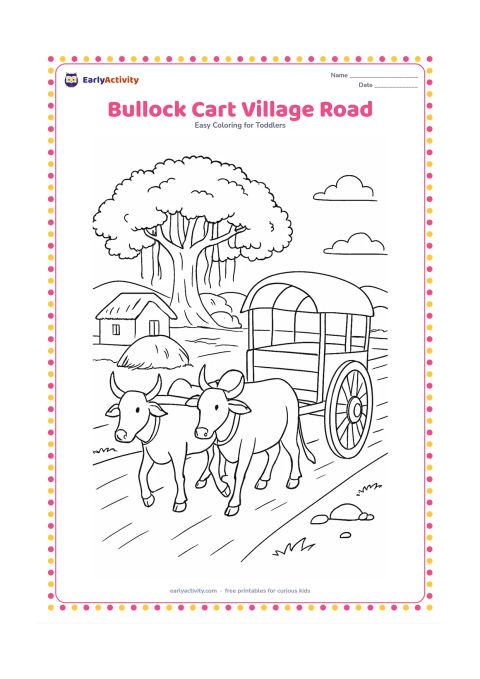 Colouring page: Draw a traditional bullock cart moving along a village road, pulled by two calm oxen. Add a banyan tree, mud houses, a hay bundle and distant fields, with no writing on the cart.