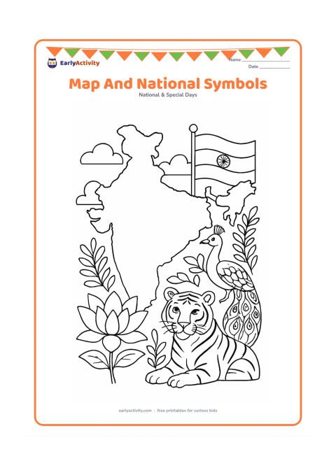 Colouring page: Draw a large outline map of India surrounded by the national flower lotus, an Indian peacock, a tiger and an Indian flag. Arrange the symbols as a balanced display with clouds and…
