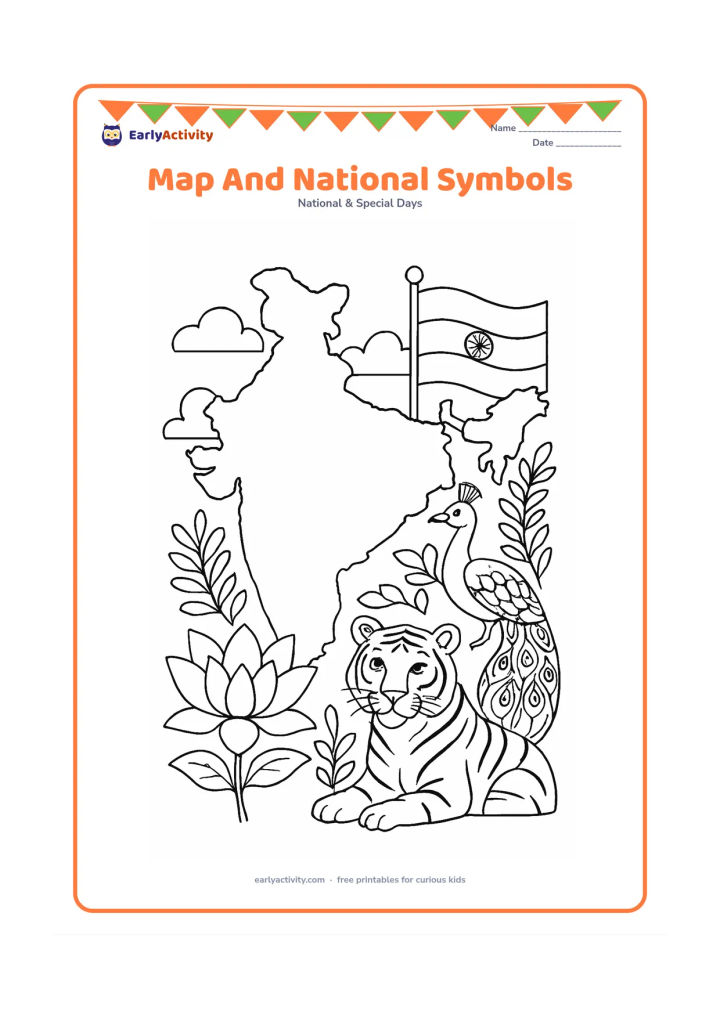 Colouring page: Draw a large outline map of India surrounded by the national flower lotus, an Indian peacock, a tiger and an Indian flag. Arrange the symbols as a balanced display with clouds and…