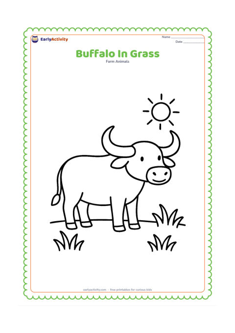 Colouring page: Draw one friendly water buffalo standing side-on in a wide patch of grass, with large curved horns, clear eyes, ears and tail. Include only a few broad grass tufts and a small sun in the…
