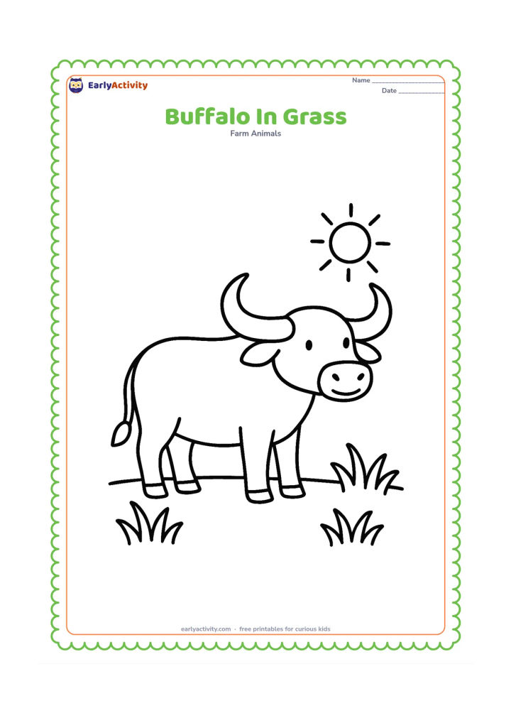 Colouring page: Draw one friendly water buffalo standing side-on in a wide patch of grass, with large curved horns, clear eyes, ears and tail. Include only a few broad grass tufts and a small sun in the…