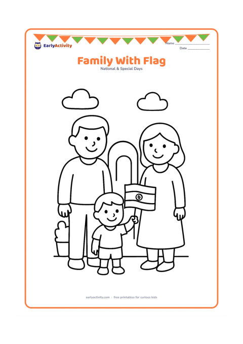Colouring page: Draw two adults and one child standing together outdoors while the child holds an Indian flag. Add a simple doorway, potted plant and a couple of clouds behind them.