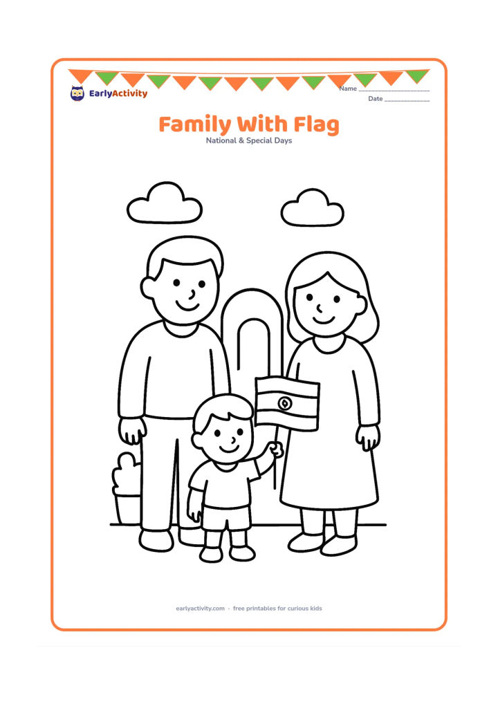 Colouring page: Draw two adults and one child standing together outdoors while the child holds an Indian flag. Add a simple doorway, potted plant and a couple of clouds behind them.