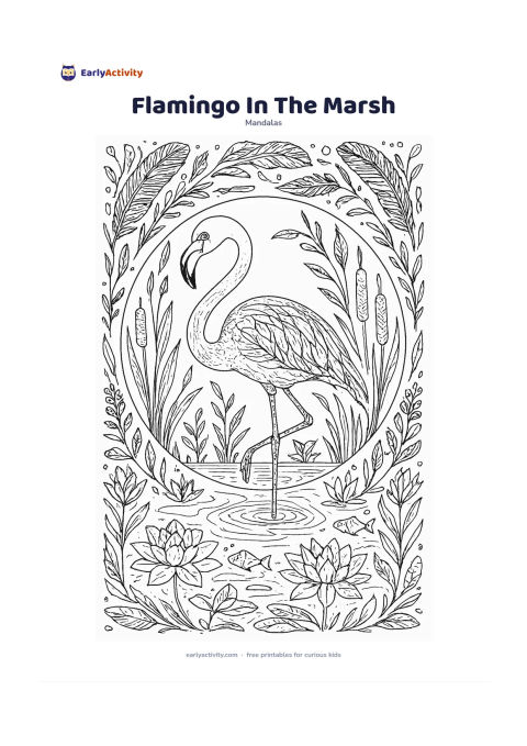Colouring page: Place a flamingo standing on one leg in the central circle, with its curved neck creating a graceful inner loop. Surround it with reeds, water ripples, lotus flowers, feathers, small…