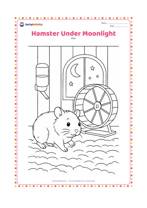 Colouring page: A hamster emerges from its nest in the evening and walks toward an exercise wheel, with a window showing a crescent moon and stars behind it. Add layered bedding, a water bottle and…