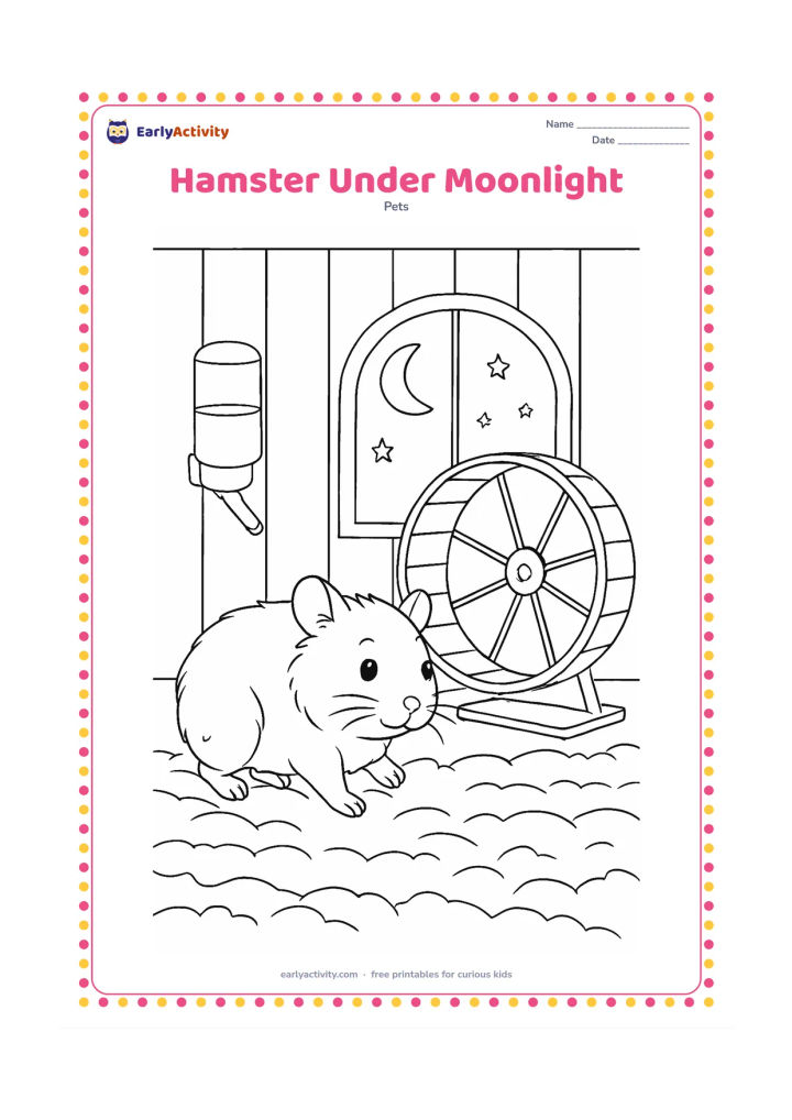 Colouring page: A hamster emerges from its nest in the evening and walks toward an exercise wheel, with a window showing a crescent moon and stars behind it. Add layered bedding, a water bottle and…