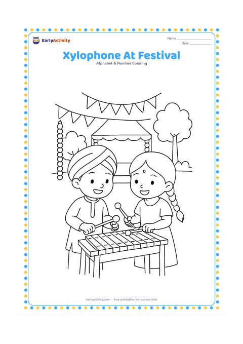 Colouring page: Draw two children playing a xylophone together at an outdoor Indian school celebration, with bunting, marigold garlands, a small stage and trees behind them.