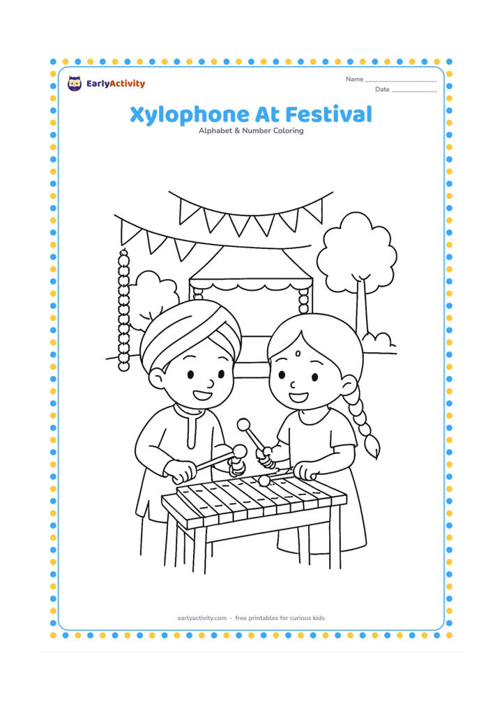 Colouring page: Draw two children playing a xylophone together at an outdoor Indian school celebration, with bunting, marigold garlands, a small stage and trees behind them.