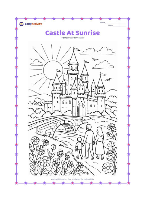 Colouring page: Draw a grand castle at sunrise with long shadows, layered towers, a stone bridge over a stream, flowering grounds, birds, and a family approaching the open gate. Include hills and a…