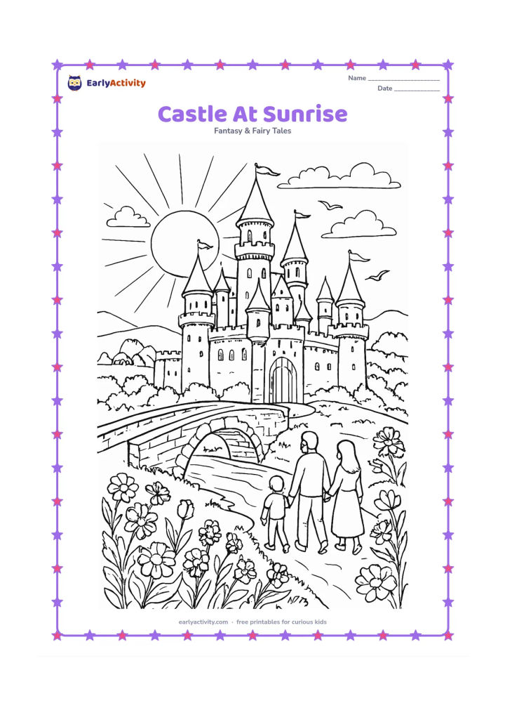 Colouring page: Draw a grand castle at sunrise with long shadows, layered towers, a stone bridge over a stream, flowering grounds, birds, and a family approaching the open gate. Include hills and a…