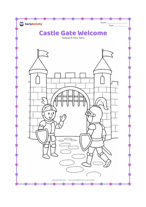 Colouring page: A knight stands at a castle gate greeting a second knight arriving on foot. Show an open portcullis, two towers, blank hanging flags, and a stone path.