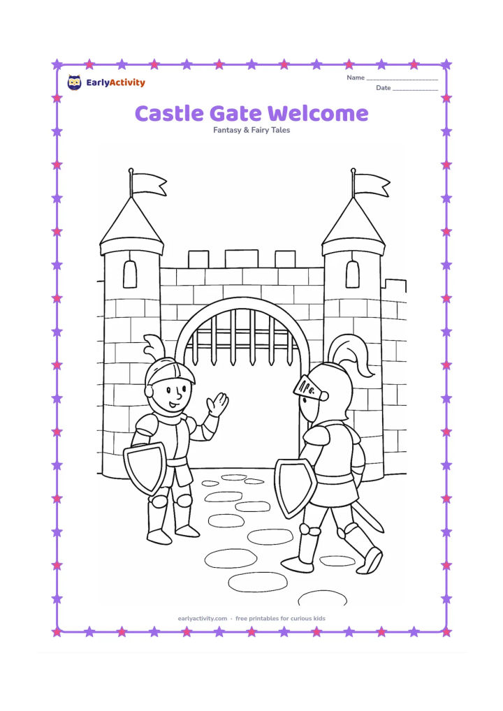 Colouring page: A knight stands at a castle gate greeting a second knight arriving on foot. Show an open portcullis, two towers, blank hanging flags, and a stone path.