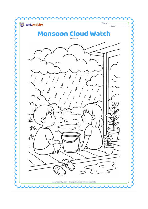 Colouring page: Draw two children sitting on a verandah watching large summer rain clouds gather over a garden. Include a metal bucket catching raindrops, sandals, potted plants, and puddles beginning…