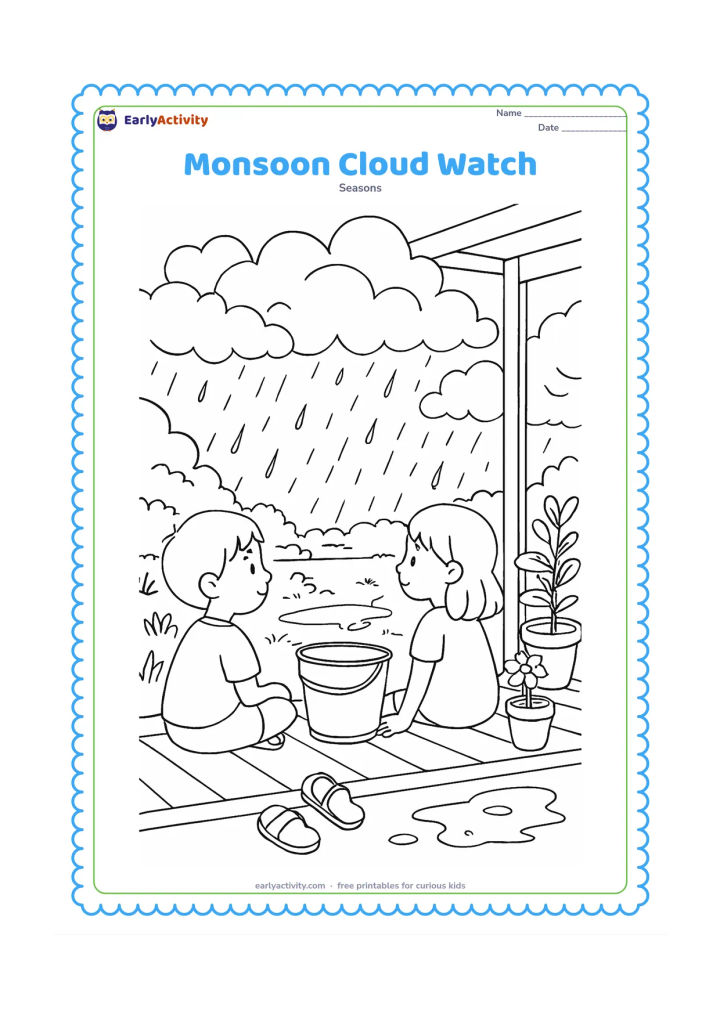 Colouring page: Draw two children sitting on a verandah watching large summer rain clouds gather over a garden. Include a metal bucket catching raindrops, sandals, potted plants, and puddles beginning…