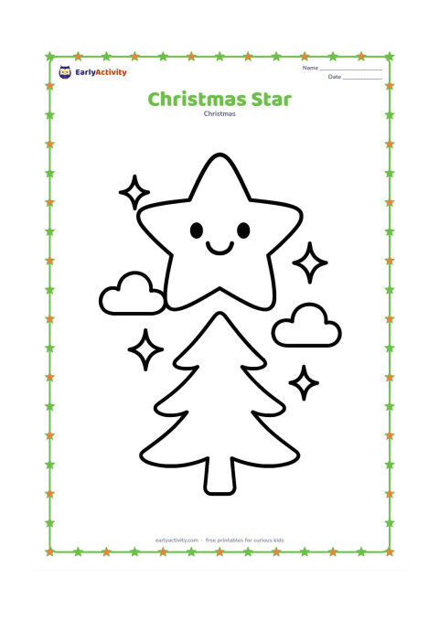Colouring page: A large friendly-looking five-pointed star hangs above a small Christmas tree, with two clouds and three simple sparkles around it. Keep the picture balanced and spacious.
