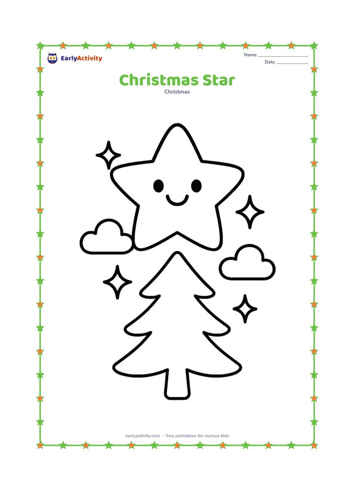 Colouring page: A large friendly-looking five-pointed star hangs above a small Christmas tree, with two clouds and three simple sparkles around it. Keep the picture balanced and spacious.