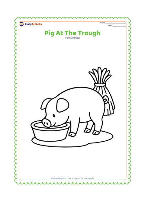 Colouring page: A standing pig bends its head into a large open feeding trough. Place the trough on a simple patch of ground with one hay bundle behind it.