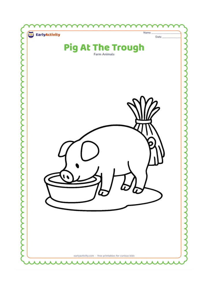 Colouring page: A standing pig bends its head into a large open feeding trough. Place the trough on a simple patch of ground with one hay bundle behind it.