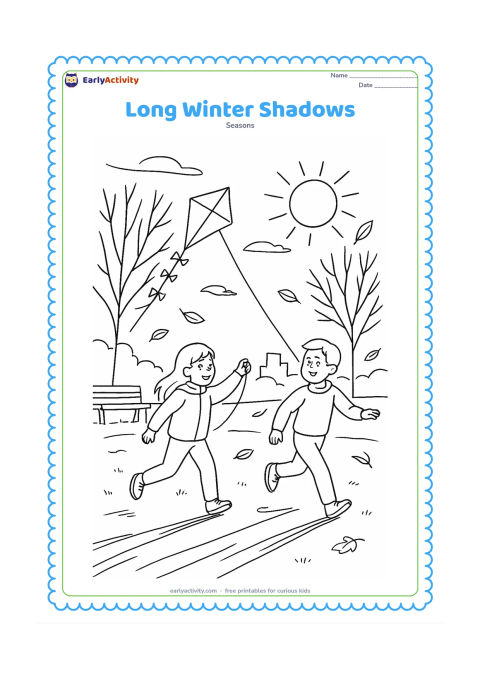 Colouring page: Two children play with a kite in a park on a low-sun winter afternoon, casting long shadows across the grass. Add bare trees, a bench, distant buildings without signs, drifting leaves…